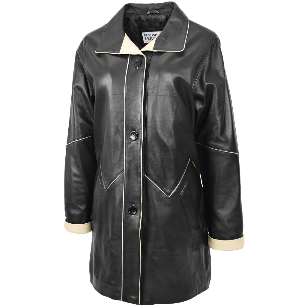 Womens Leather Coat 3/4 Length Classic Style Margaret Black Beige