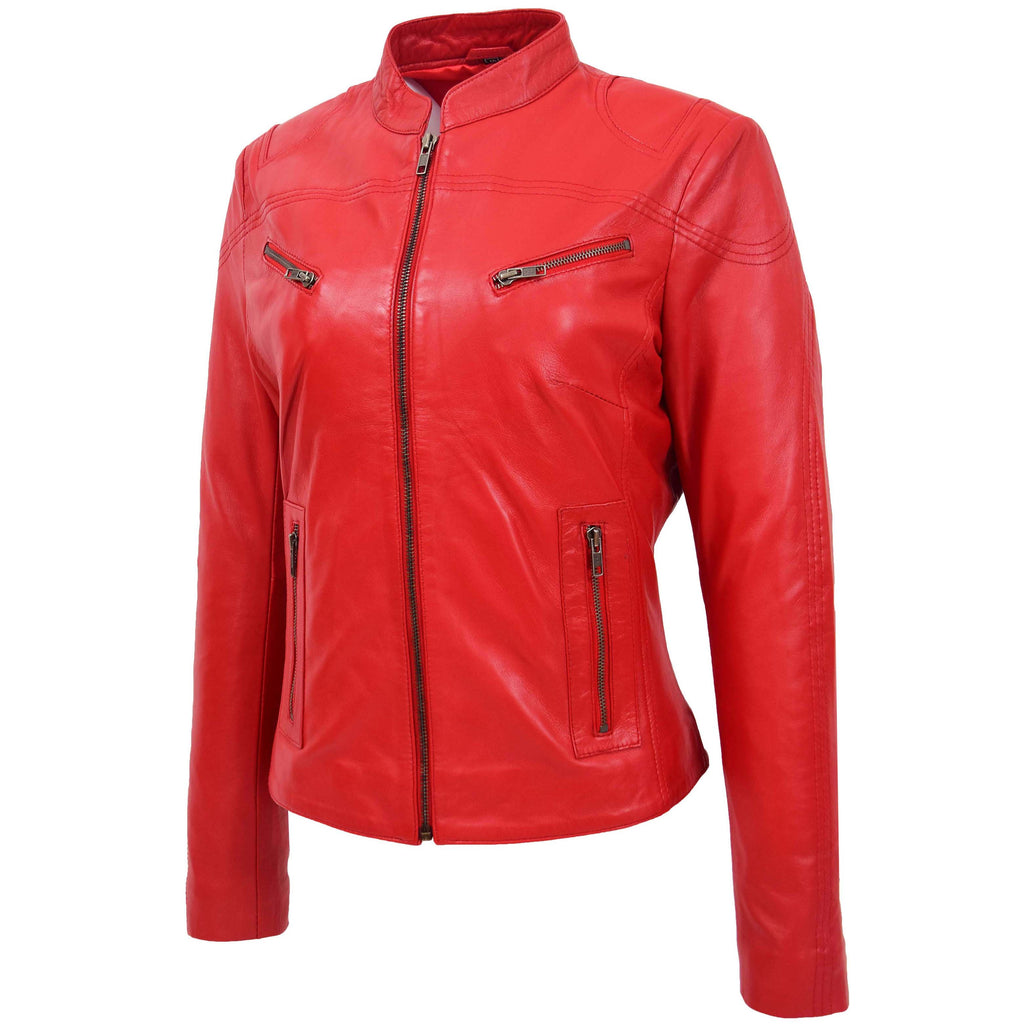 Womens Leather Standing Collar Jacket Becky Red