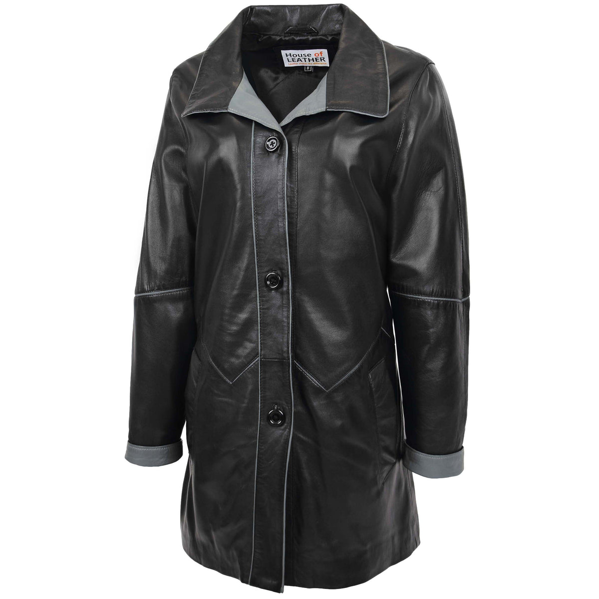 Womens Leather Coat 3/4 Length Classic Style Margaret Black Grey