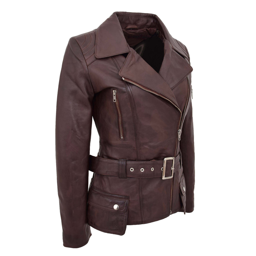 Womens Leather Hip Length Biker Jacket Celia Brown