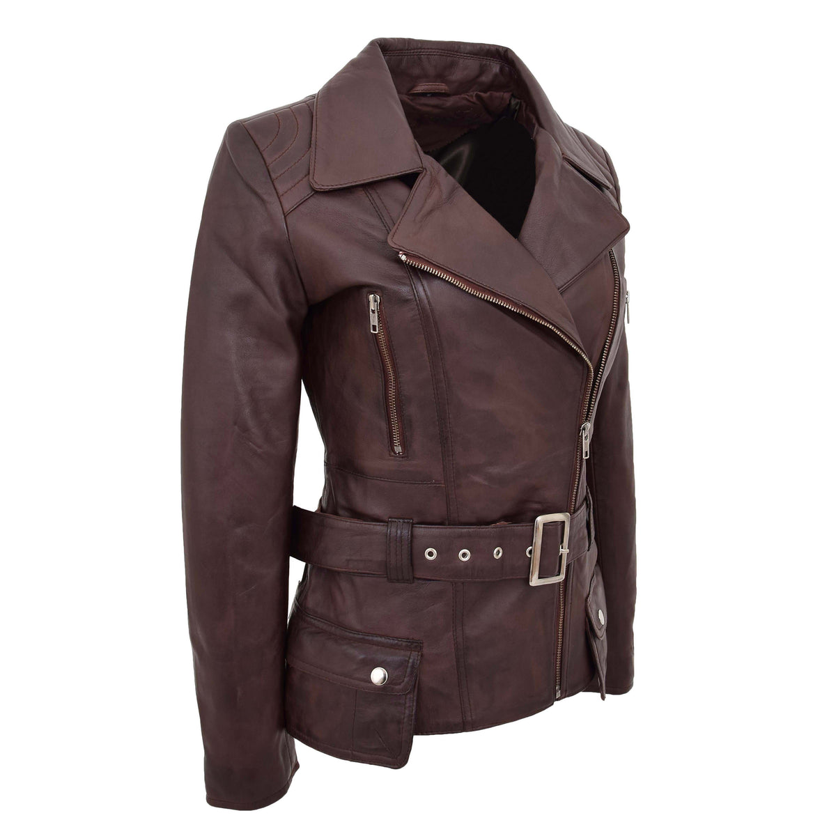 Womens Leather Hip Length Biker Jacket Celia Brown
