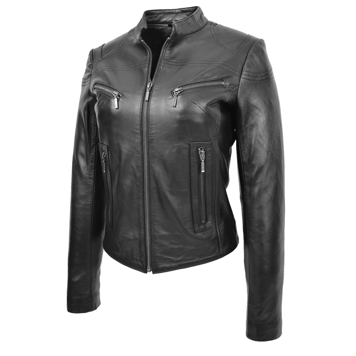 Womens Leather Standing Collar Jacket Becky Black