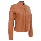 Womens Leather Casual Standing Collar Jacket Ivy Tan