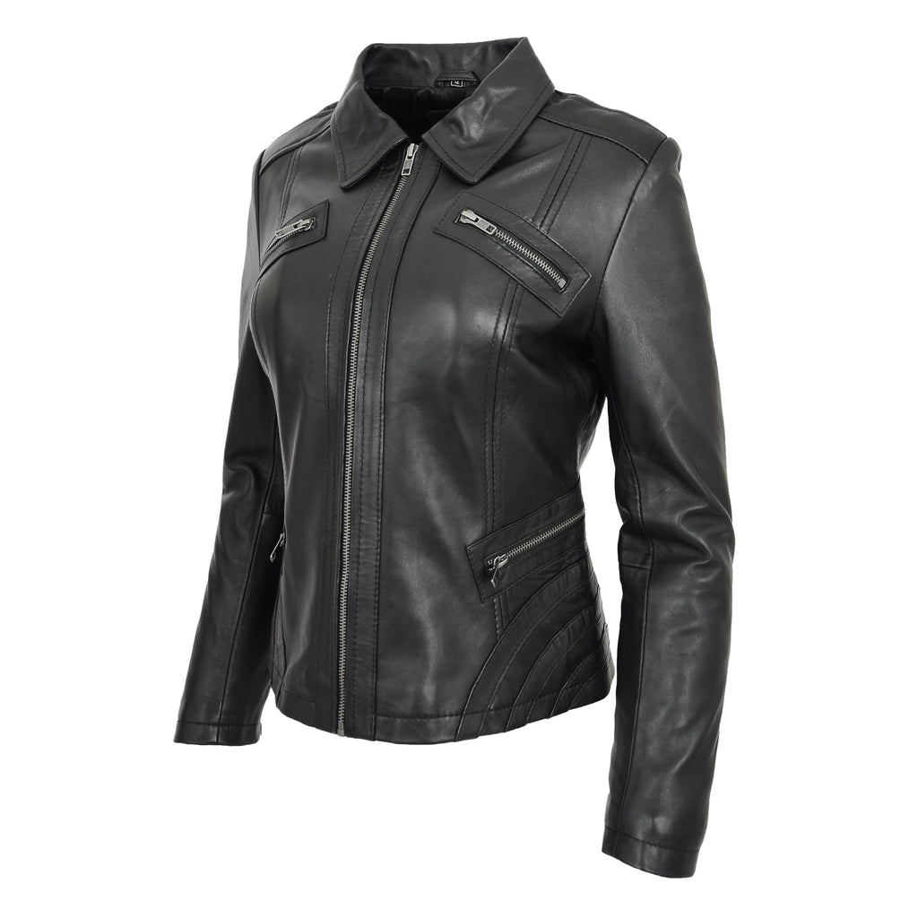 Womens Classic Leather Biker Zip Box Jacket Nova Black