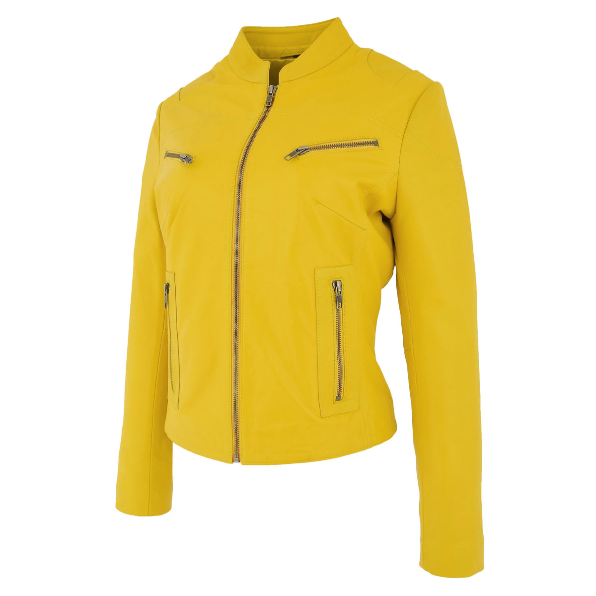 Womens Leather Standing Collar Jacket Becky Yellow