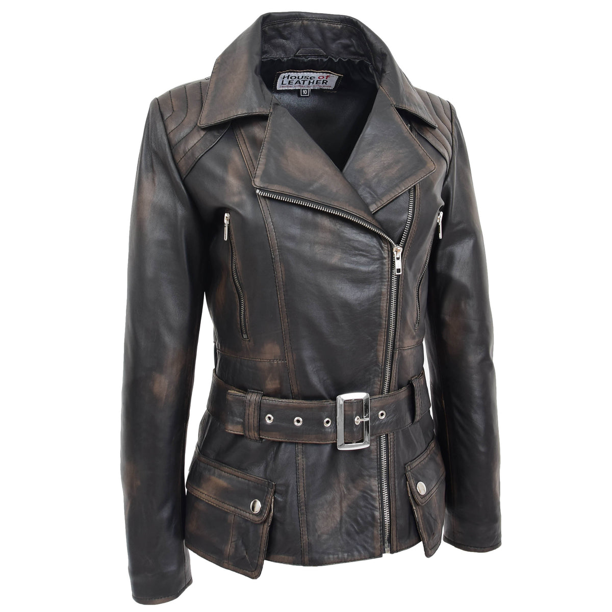 Womens Leather Hip Length Biker Jacket Celia Rub Off