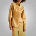 Women's Brown Soft Smart Collar Sleeves Leather Shirt