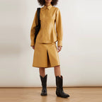 Women's Brown Soft Smart Collar Sleeves Leather Shirt