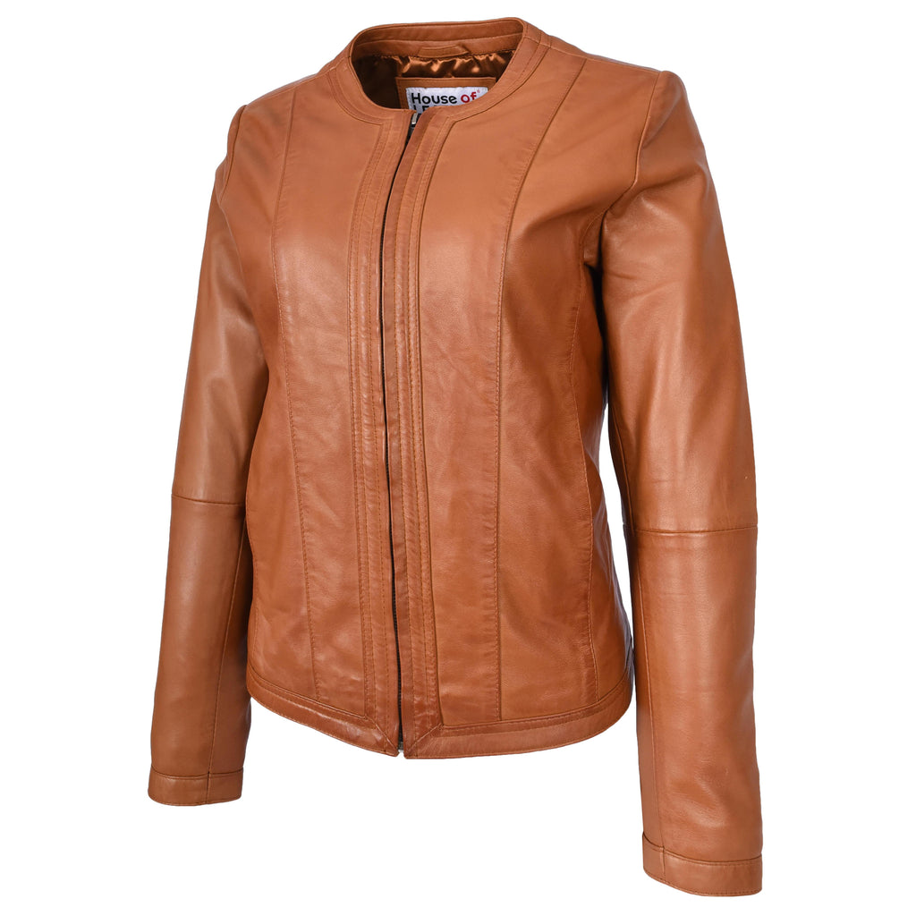 Womens Real Leather Collarless Fashion Jacket Slim Fit Style Clara Tan
