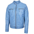 Mens Leather Cafe Racer Biker Jacket Charlie Sky Blue