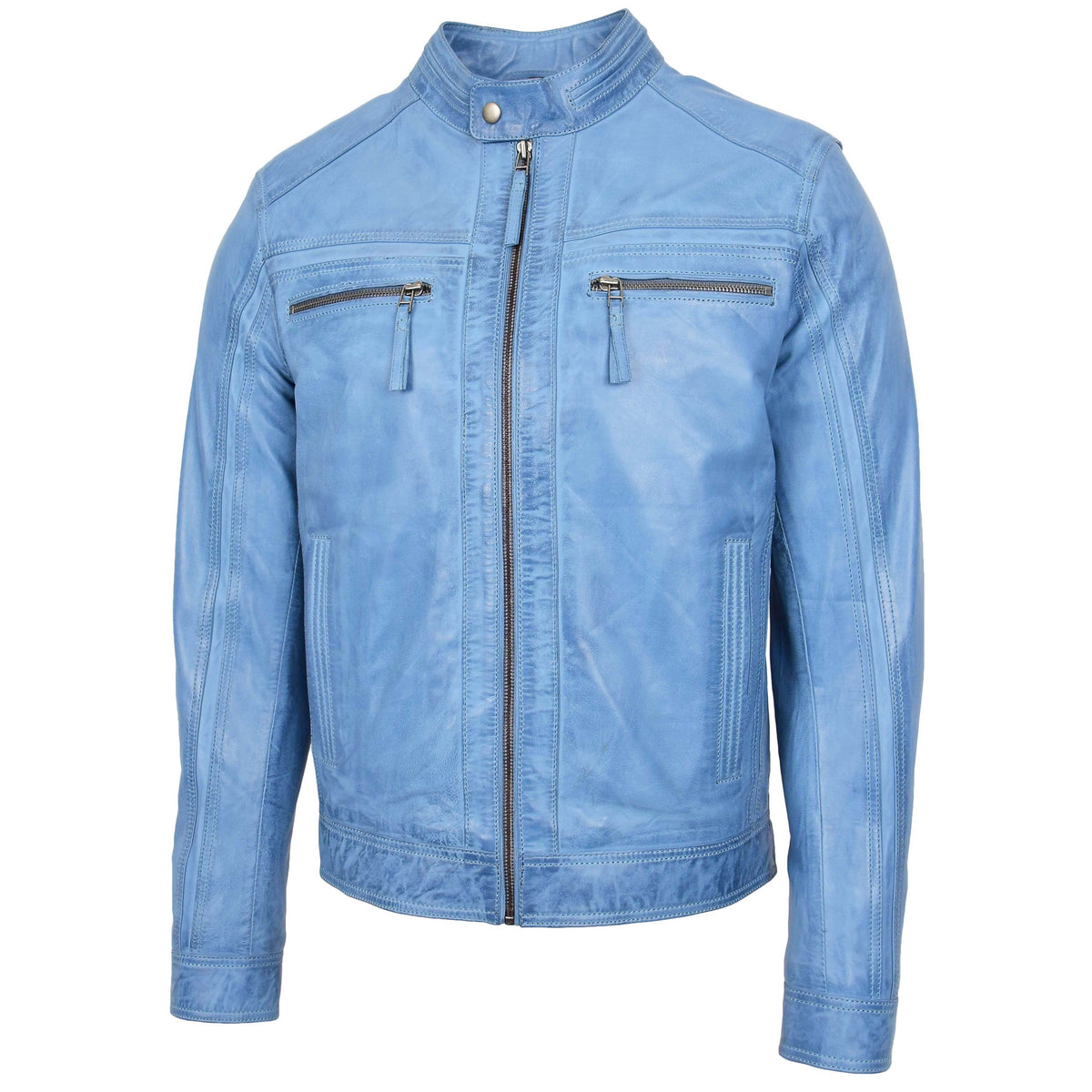 Mens Leather Cafe Racer Biker Jacket Charlie Sky Blue