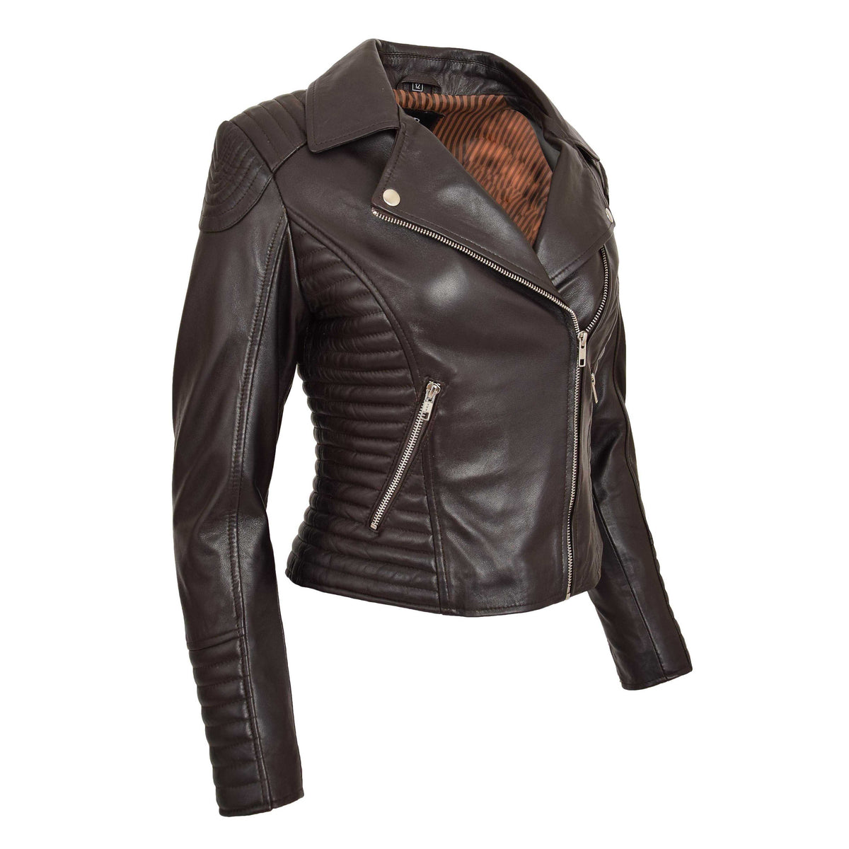 Womens Soft Leather Cross Zip Biker Jacket Anna Brown