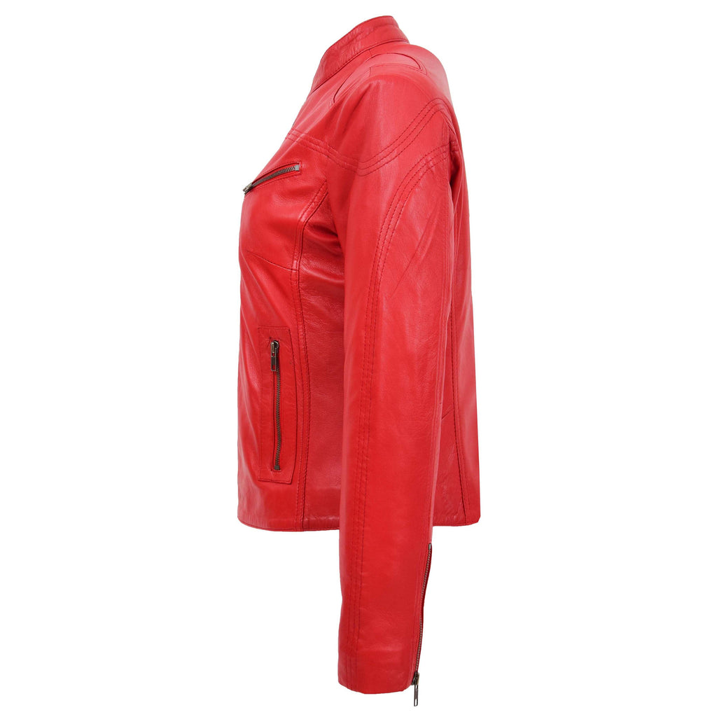 Womens Leather Standing Collar Jacket Becky Red