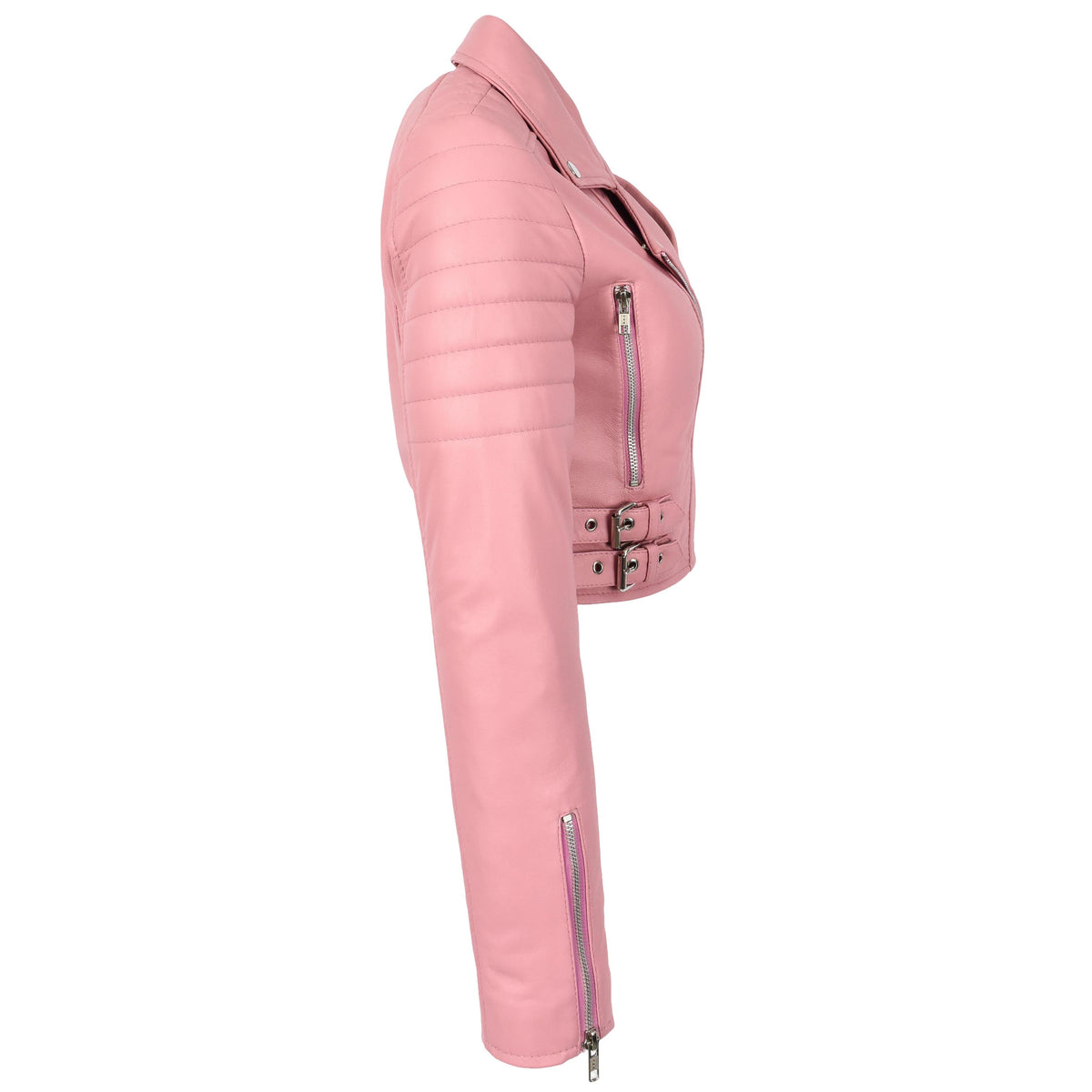 Womens Leather Cropped Biker Style Jacket Demi Baby Pink
