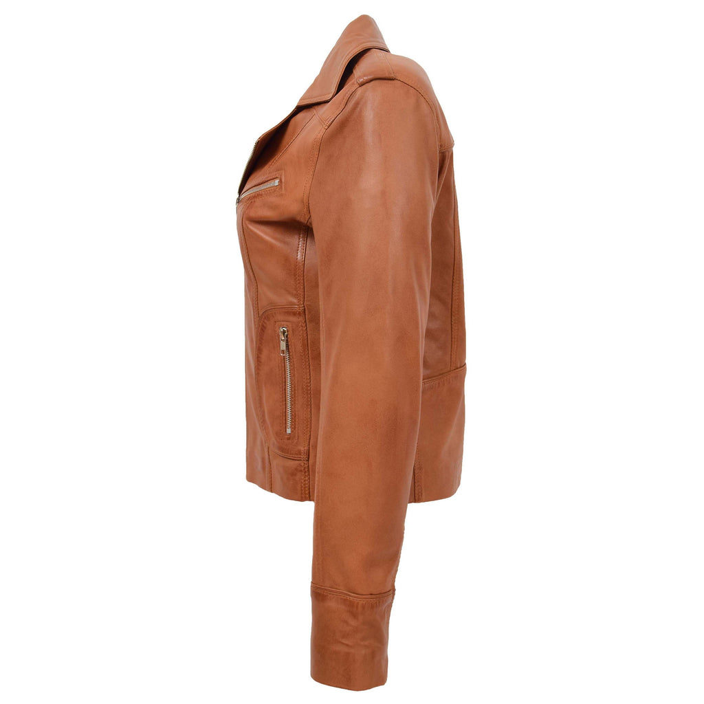 Womens Leather Fitted Biker Style Jacket Kim Tan
