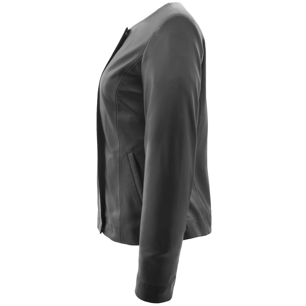 Womens Real Leather Collarless Jacket Moreno Black