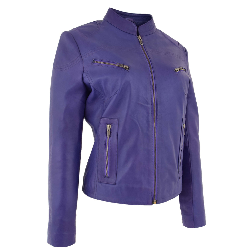 Womens Leather Standing Collar Jacket Becky Purple