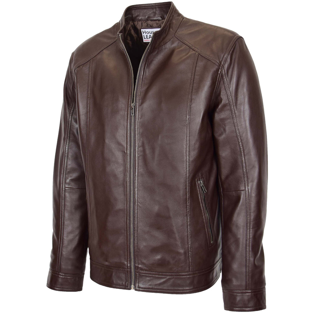 Mens Soft Leather Casual Plain Zip Jacket Matt Brown
