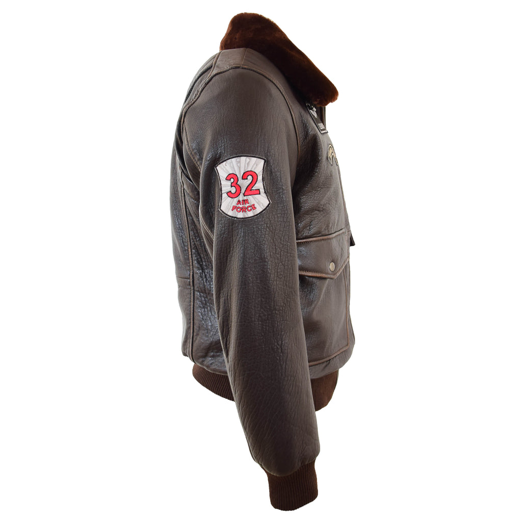 Mens Real Leather G-1 Bomber Jacket Airforce Badges Finch Brown