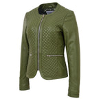 Womens Leather Collarless Jacket with Quilt Design Joan Olive Green