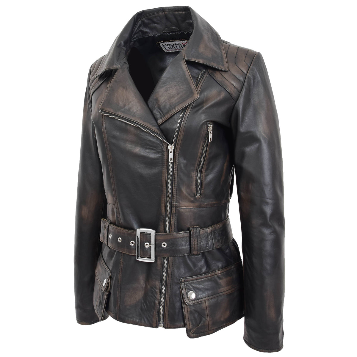 Womens Leather Hip Length Biker Jacket Celia Rub Off