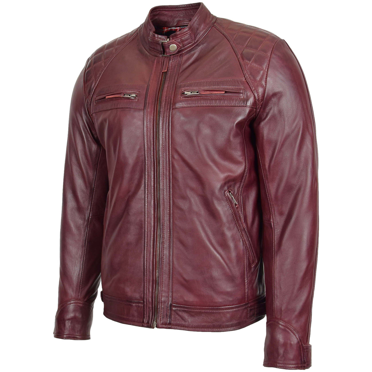 Mens Biker Leather Jacket Standing Collar Bowie Burgundy