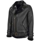 Mens Sheepskin Aviator Jacket Cross Zip Biker Style Alvin Black