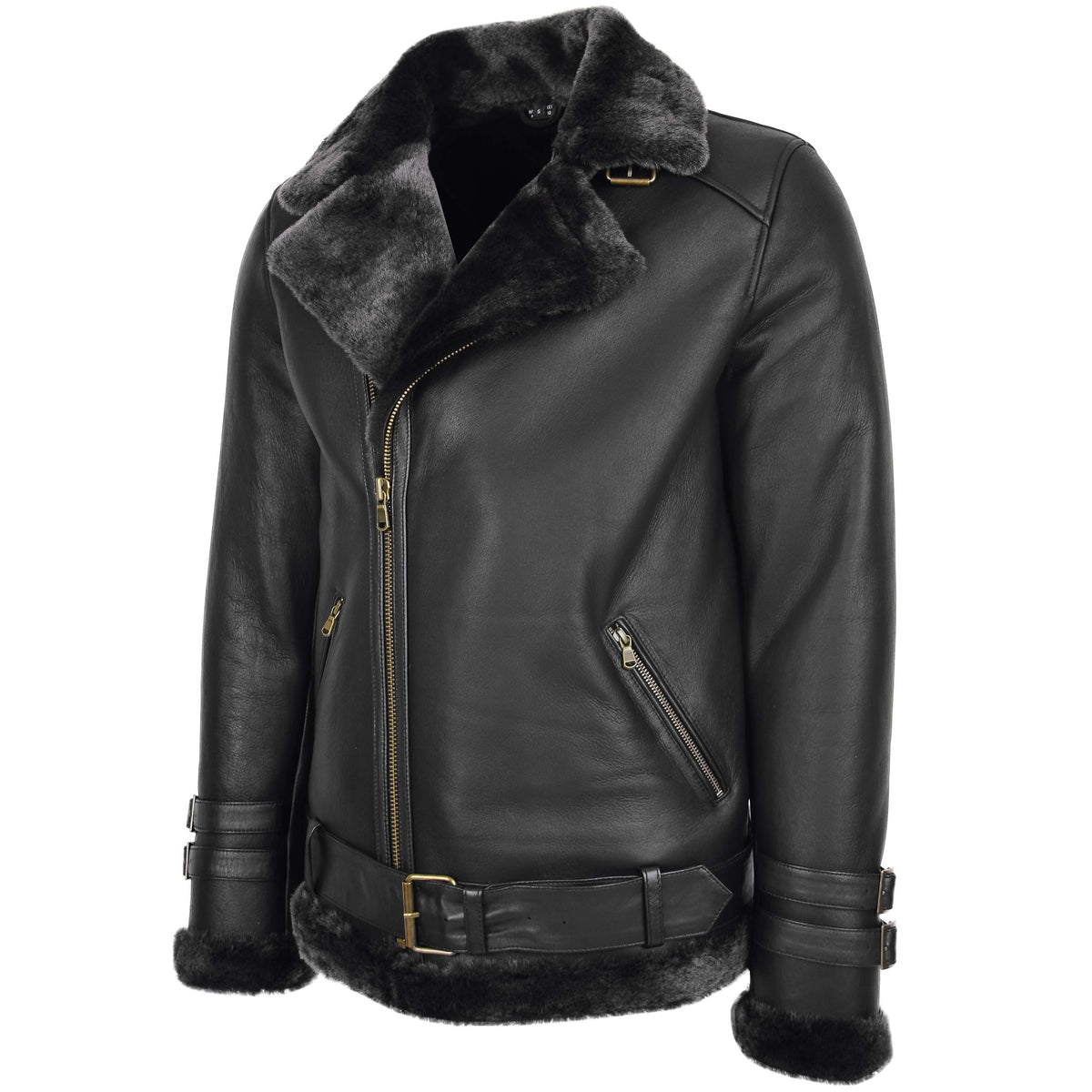 Mens Sheepskin Aviator Jacket Cross Zip Biker Style Alvin Black