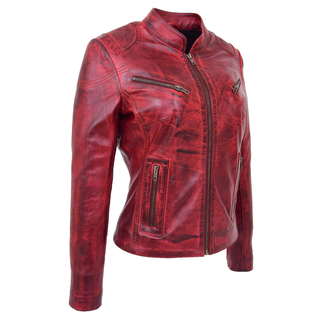 Womens Leather Standing Collar Jacket Becky Burnt Red