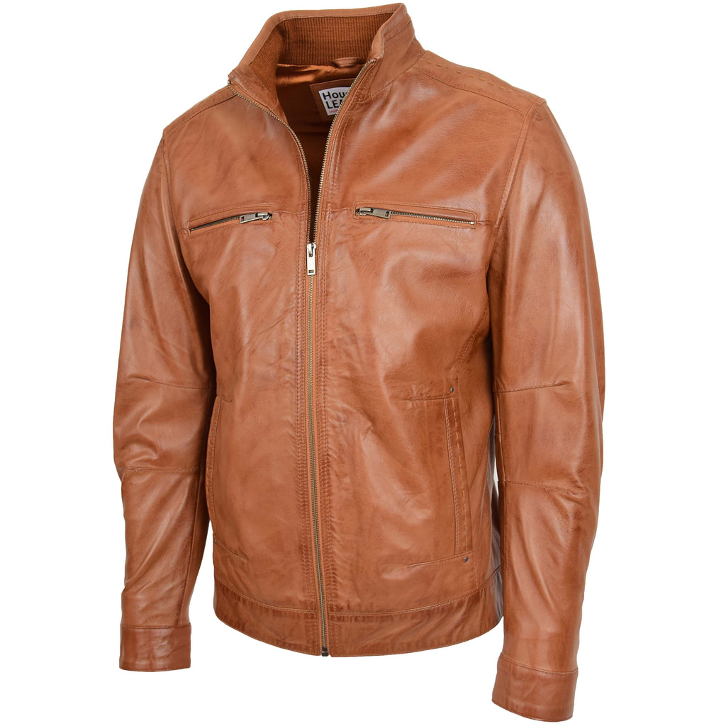 Men's Standing Collar Leather Jacket Tony Tan