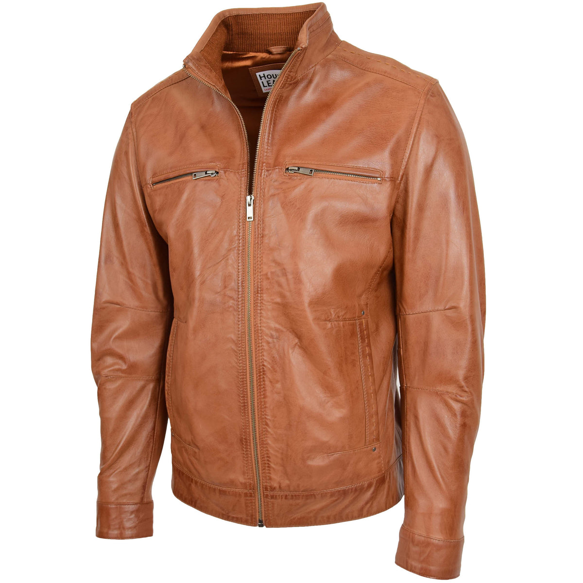Men's Standing Collar Leather Jacket Tony Tan