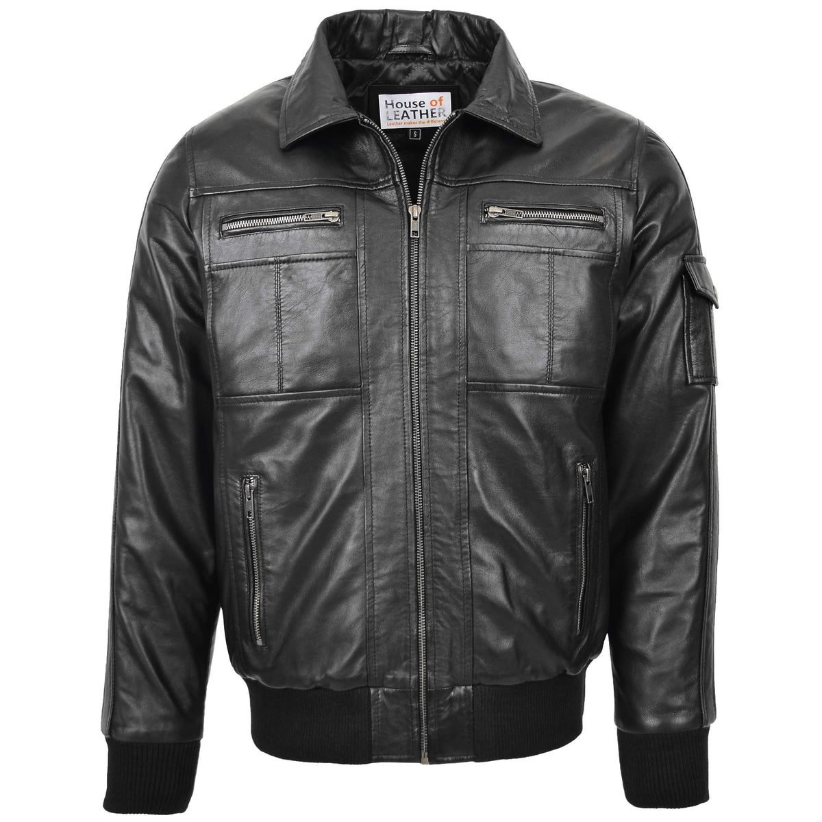 Mens Leather Bomber Jacket with Hoodie Bronx Black