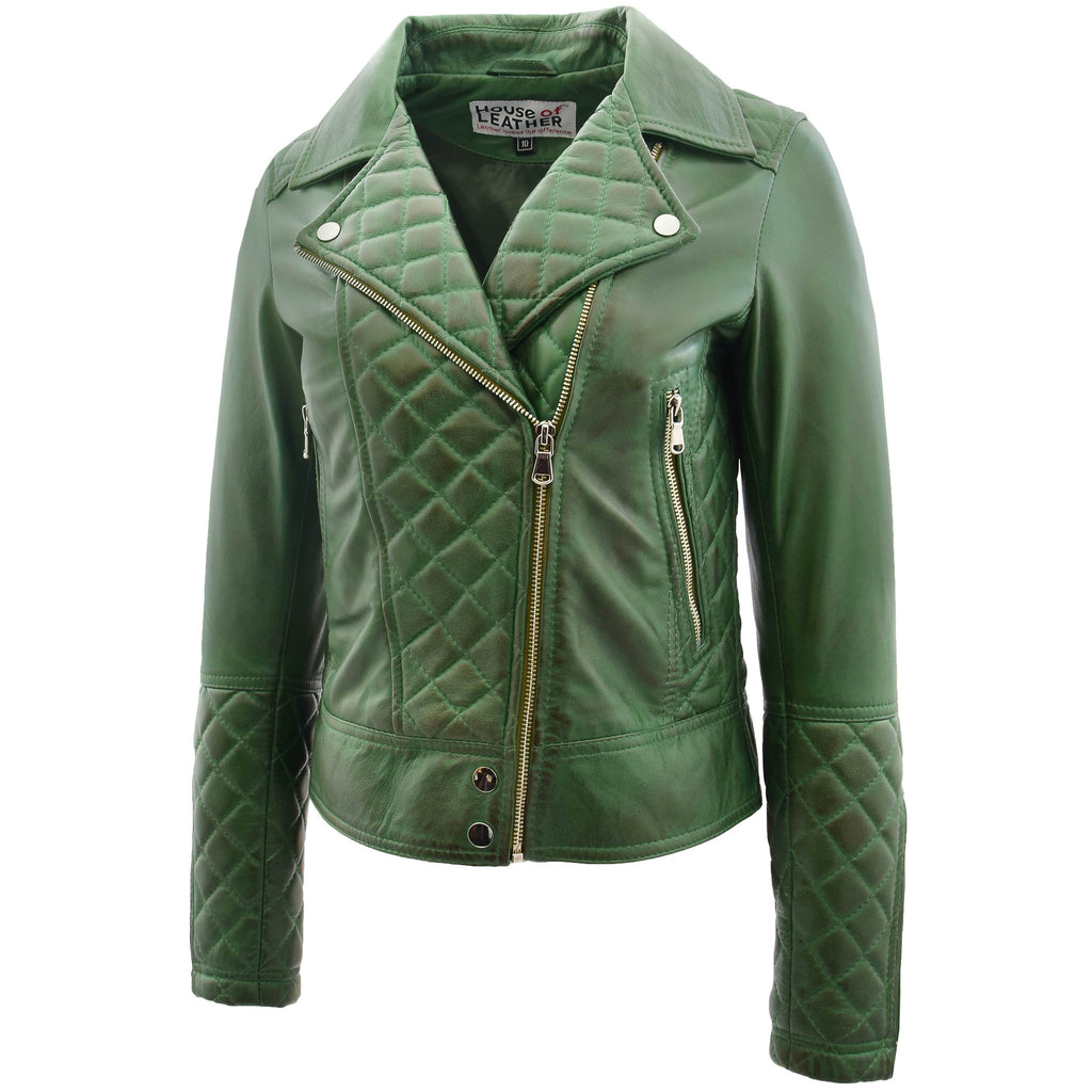 Womens Leather Biker Jacket with Quilt Detail Ziva Green