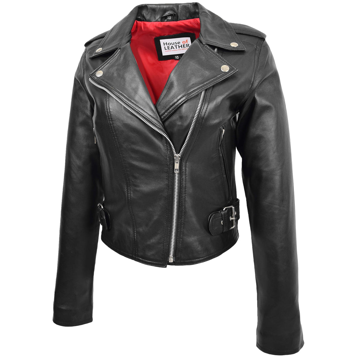 Womens Leather Biker Style Cross Zip Jacket Emma Black