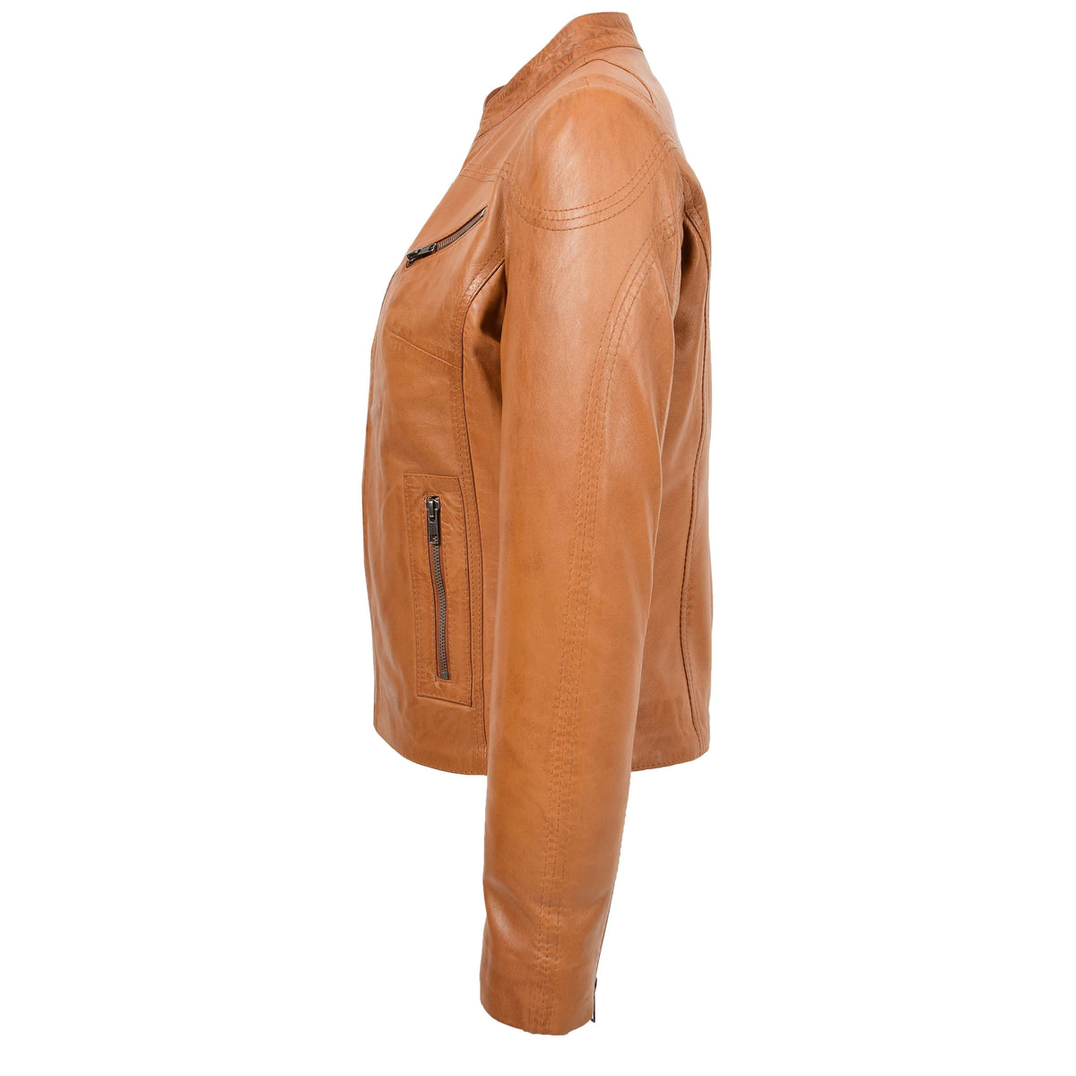 Womens Leather Standing Collar Jacket Becky Tan