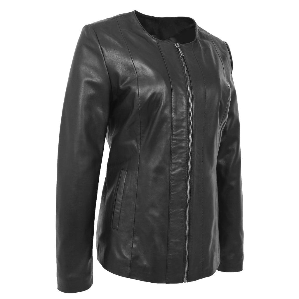 Womens Classic Soft Leather Collarless Jacket Jade Black