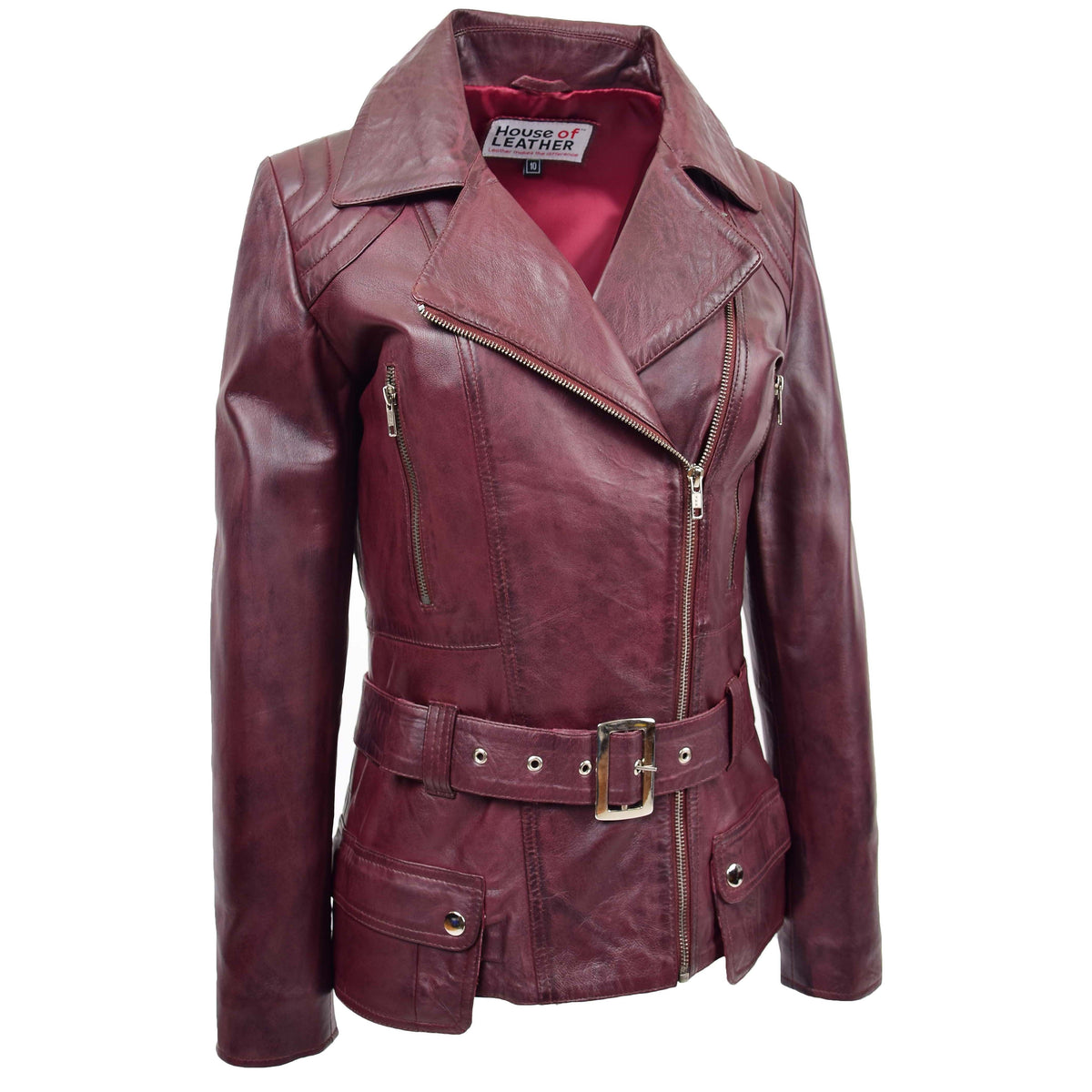 Womens Leather Hip Length Biker Jacket Celia Burgundy
