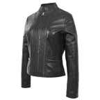 Womens Leather Casual Standing Collar Jacket Ivy Black