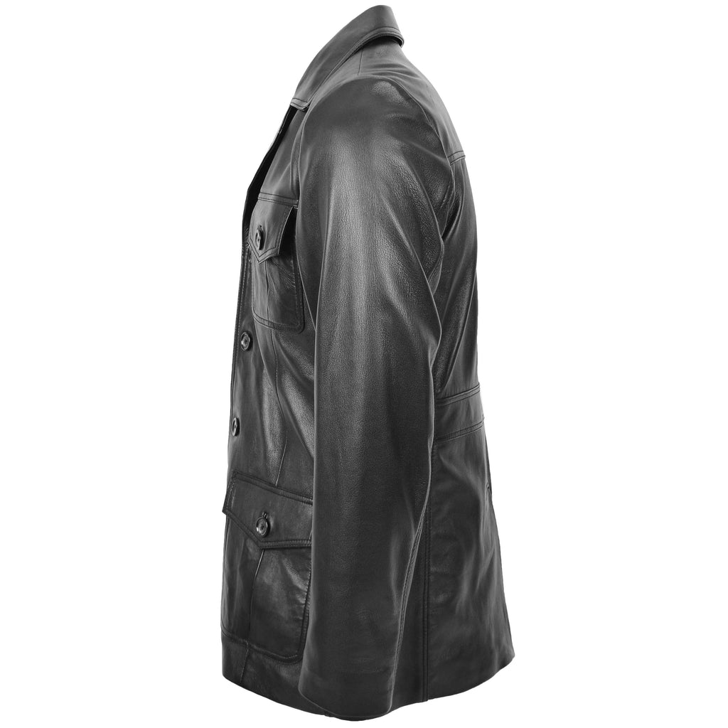 Mens Button Fastening Reefer Leather Jacket Jerry Black