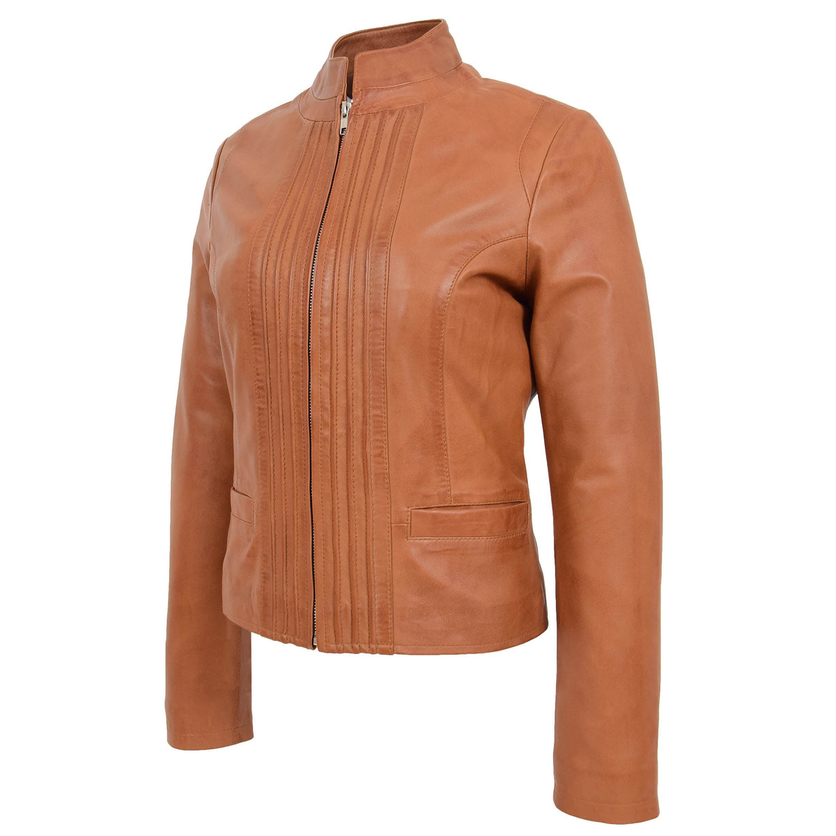 Womens Leather Casual Standing Collar Jacket Ivy Tan