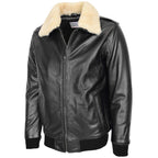 Mens Bomber Leather Jacket with Sheepskin Collar Viggo Black