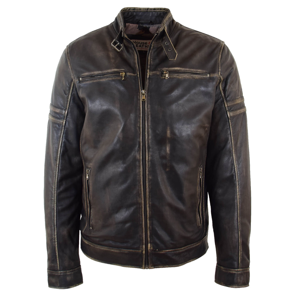Mens Real Leather Biker Jacket Vintage Rub Off Effect RICKY