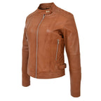 Womens Soft Leather Casual Zip Biker Jacket Ruby Tan