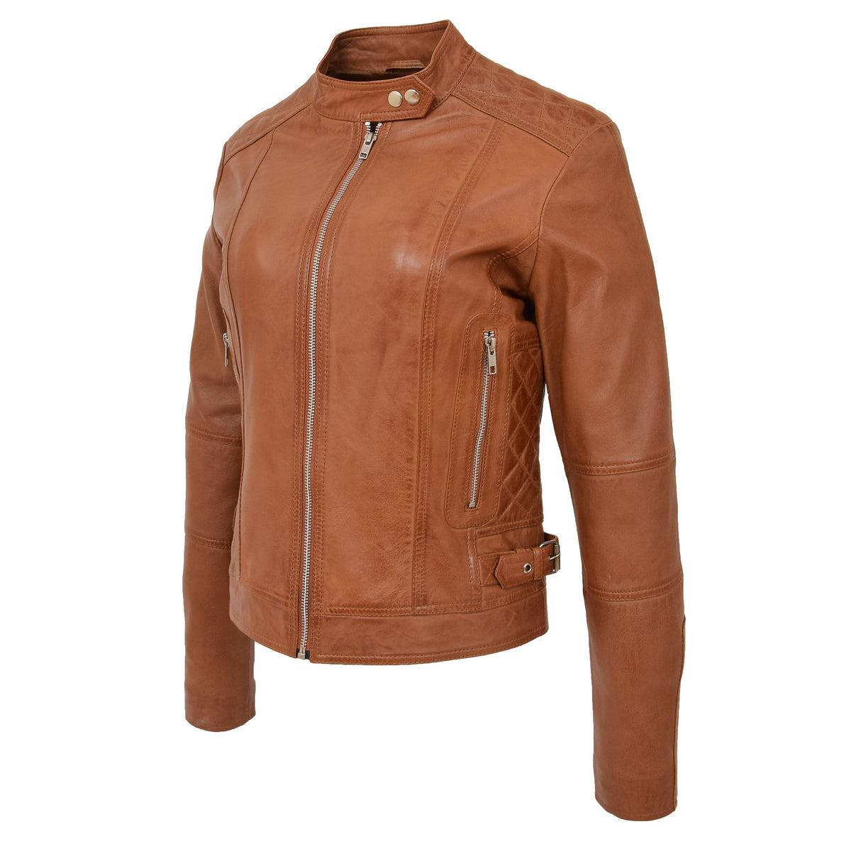 Womens Soft Leather Casual Zip Biker Jacket Ruby Tan