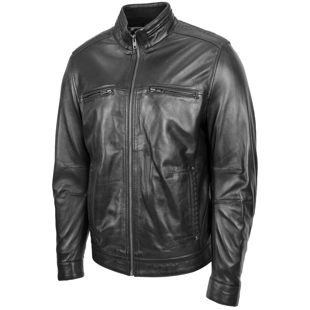 Men's Standing Collar Leather Jacket Tony Black