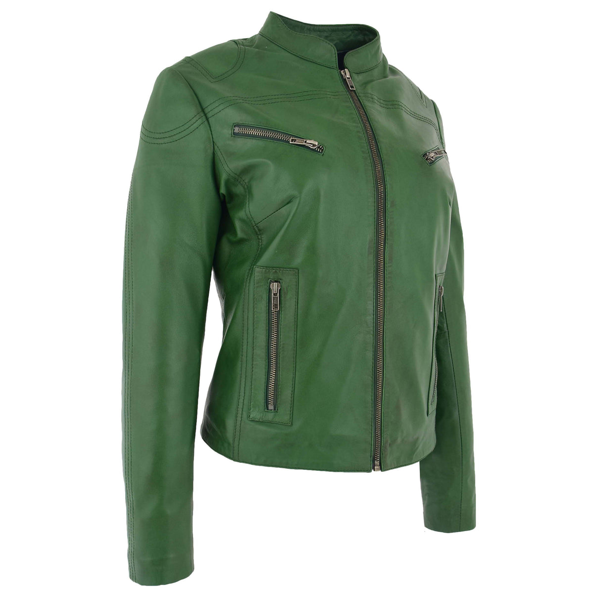 Womens Leather Standing Collar Jacket Becky Green