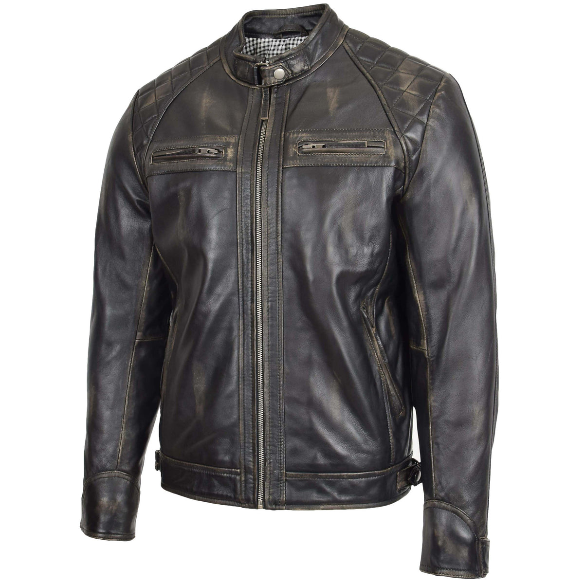 Mens Biker Leather Jacket Standing Collar Bowie Rub Off