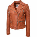 Womens Cross Zip Biker Leather Jacket Claudia Cognac