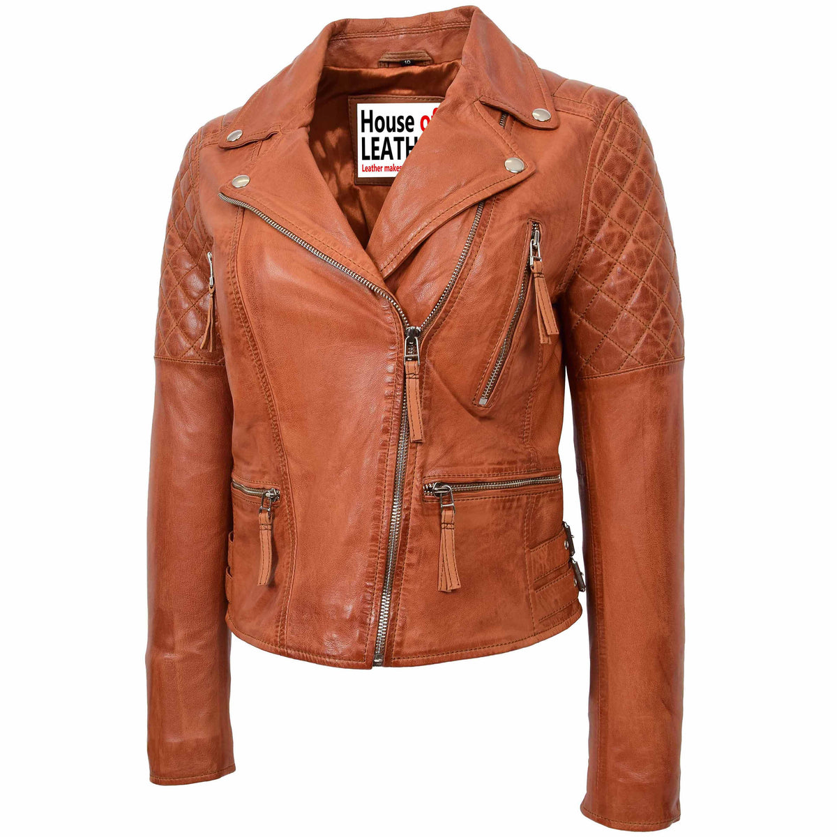 Womens Cross Zip Biker Leather Jacket Claudia Cognac
