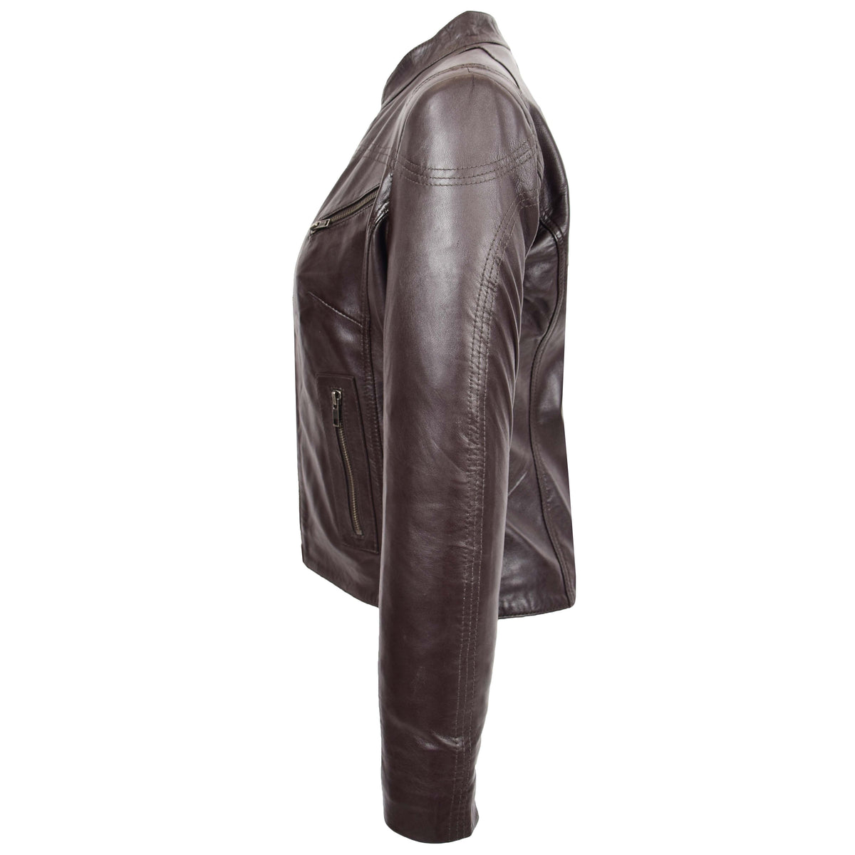 Womens Leather Standing Collar Jacket Becky Brown